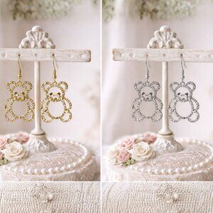 Set of 2 Teddy Bear Silhouette Earrings Sparkly Cute Dangle Statement Earrings